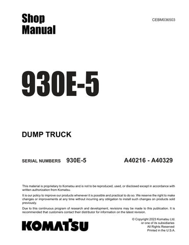 Unlock the full potential of your KOMATSU 930E-5 Dump Truck with the comprehensive Shop Manual (CEBM036503) in PDF format. This essential resource provides detailed insights into maintenance, troubleshooting, and repair procedures, ensuring your equipment operates at peak performance. With easy navigation and clear illustrations, this manual is designed for both seasoned professionals and newcomers alike, making it an invaluable tool for efficient and effective upkeep of your dump truck. Don't miss out on t