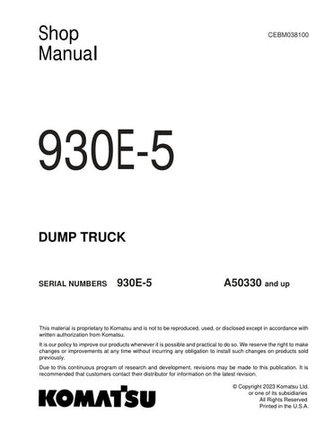  Unlock the full potential of your KOMATSU 930E-5 Dump Truck with the comprehensive Shop Manual (CEBM038100) in PDF format. This essential resource provides detailed maintenance and repair instructions, ensuring your equipment operates at peak performance. With easy navigation and clear diagrams, you'll save time and reduce downtime, making it an invaluable tool for any operator or technician. Invest in your machinery's longevity and efficiency today!