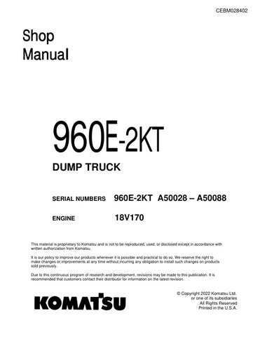 Unlock the full potential of your KOMATSU 960E-2KT Dump Truck with the comprehensive Shop Manual (CEBM028402) in PDF format. This essential resource provides detailed insights into maintenance, troubleshooting, and repair procedures, ensuring your equipment operates at peak performance. With easy navigation and clear illustrations, this manual is designed for both seasoned professionals and newcomers alike, making it an invaluable tool for efficient and effective truck management. Don't miss out on the oppo