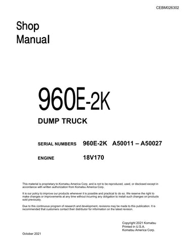 Unlock the full potential of your KOMATSU 960E-2K Dump Truck with the comprehensive Shop Manual (CEBM026302) in PDF format. This essential resource covers models A50011 to A50027, providing detailed insights into maintenance, troubleshooting, and repair procedures. With easy navigation and clear illustrations, this manual ensures you have the knowledge to keep your equipment running smoothly and efficiently, ultimately saving you time and money on repairs. Invest in your operational success today!