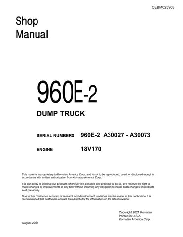 Unlock the full potential of your KOMATSU 960E-2 Dump Truck with the comprehensive Shop Manual (CEBM025903) in PDF format. This essential resource provides detailed insights into maintenance, troubleshooting, and repair procedures, ensuring your equipment operates at peak performance. With easy navigation and clear illustrations, this manual is designed for both seasoned professionals and newcomers alike, making it an invaluable tool for efficient and effective upkeep of your dump truck. Don't miss out on t