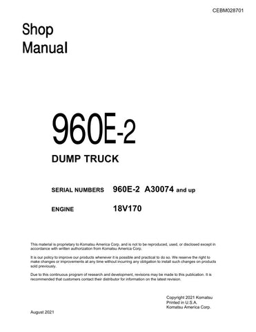 Unlock the full potential of your KOMATSU 960E-2 Dump Truck with the comprehensive Shop Manual (CEBM028701) in PDF format. This essential resource provides detailed insights into maintenance, troubleshooting, and repair procedures, ensuring your equipment operates at peak performance. With easy navigation and clear illustrations, this manual is designed for both seasoned professionals and newcomers alike, making it an invaluable tool for efficient and effective upkeep of your machinery. Don't miss out on th