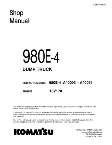  Unlock the full potential of your KOMATSU 980E-4 Dump Truck with the comprehensive Shop Manual (CEBM031007) in PDF format. This essential resource provides detailed insights into maintenance, troubleshooting, and repair procedures, ensuring your equipment operates at peak performance. With easy navigation and clear illustrations, this manual is designed for both seasoned professionals and newcomers alike, making it an invaluable tool for efficient and effective upkeep of your machinery. Don't miss out on t