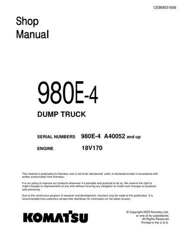 Unlock the full potential of your KOMATSU 980E-4 Dump Truck with the comprehensive Shop Manual (CEBM031606) in PDF format. This essential resource provides detailed insights into maintenance, troubleshooting, and repair procedures, ensuring your equipment operates at peak performance. With easy navigation and clear illustrations, this manual is designed for both seasoned professionals and newcomers alike, making it an invaluable tool for efficient and effective upkeep of your machinery. Don't miss out on th
