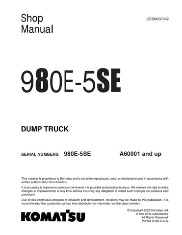 Unlock the full potential of your KOMATSU 980E-5SE Dump Truck with the comprehensive Shop Manual CEBM037602, available in a convenient PDF format. This essential resource provides detailed maintenance and repair instructions, ensuring your equipment operates at peak performance. With easy navigation and clear diagrams, you can quickly troubleshoot issues and perform routine services, saving you time and money. Invest in this manual today to enhance your operational efficiency and extend the lifespan of your