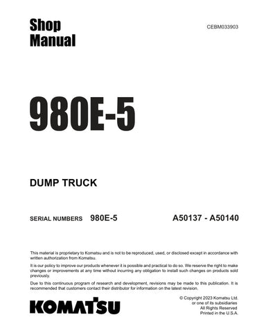 Unlock the full potential of your KOMATSU 980E-5 Dump Truck with the comprehensive Shop Manual (CEN00064-03) in PDF format. This essential resource provides detailed insights into maintenance, troubleshooting, and repair procedures, ensuring your equipment operates at peak performance. With easy navigation and clear illustrations, this manual is designed for both seasoned professionals and DIY enthusiasts, making it an invaluable addition to your toolkit. Don't miss the opportunity to enhance your operation