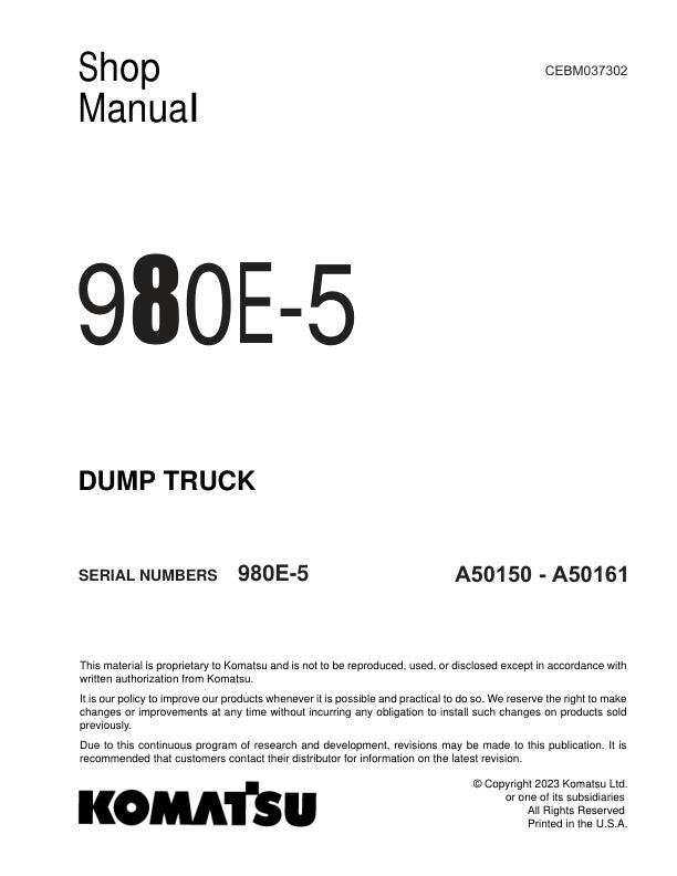 Unlock the full potential of your KOMATSU 980E-5 Dump Truck with the comprehensive Shop Manual (CEBM037302) in PDF format. This essential resource provides detailed insights into maintenance, troubleshooting, and repair procedures, ensuring your equipment operates at peak performance. With easy navigation and clear illustrations, this manual is designed for both seasoned professionals and newcomers alike, making it an invaluable tool for efficient and effective upkeep of your machinery. Don't miss out on th