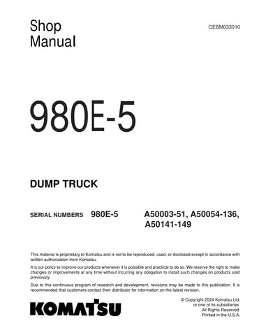 Unlock the full potential of your KOMATSU 980E-5 Dump Truck with the comprehensive Shop Manual CEBM033010, available in a convenient PDF format. This essential resource provides detailed maintenance procedures, troubleshooting tips, and specifications to ensure your equipment operates at peak performance. With easy navigation and clear illustrations, this manual is designed for both seasoned professionals and newcomers alike, making it an invaluable tool for efficient repairs and upkeep. Invest in your mach
