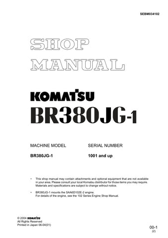 Unlock the full potential of your KOMATSU BR380JG-1 with the comprehensive Shop Manual SEBM034102, designed for models 1001 and up. This PDF file is an essential resource for technicians and operators alike, providing detailed insights into maintenance, troubleshooting, and repair procedures. With clear diagrams and step-by-step instructions, you can ensure optimal performance and longevity of your equipment. Invest in this invaluable manual today and keep your machinery running smoothly and efficiently.