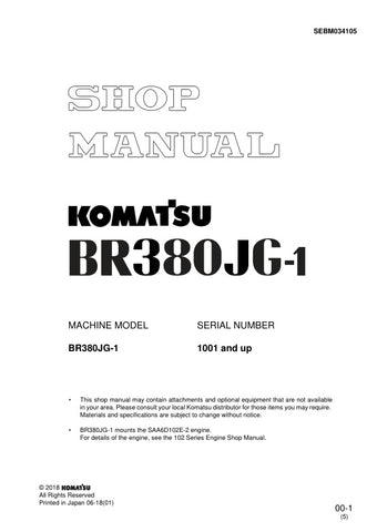 Unlock the full potential of your KOMATSU BR380JG-1 with the comprehensive Shop Manual SEBM034105, designed for models 1001 and up. This PDF file is an essential resource for technicians and DIY enthusiasts alike, providing detailed insights into maintenance, troubleshooting, and repair procedures. With clear illustrations and step-by-step instructions, you can ensure optimal performance and longevity of your equipment. Invest in this invaluable manual today and keep your machinery running smoothly and effi