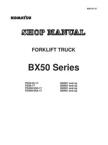 Unlock the full potential of your KOMATSU BX50 SERIES forklifts with the comprehensive FD20/25-17, FD30-17, FD20H/25H-17, and FD30H/35A-17 Shop Manual (BEB17E1-07) in PDF format. This essential resource provides detailed maintenance and repair instructions, ensuring your equipment operates at peak performance. With easy navigation and clear diagrams, this manual is designed for both seasoned technicians and DIY enthusiasts, making it an invaluable addition to your workshop. Don't miss the opportunity to enh