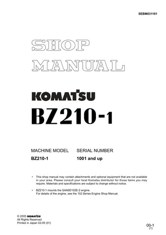Unlock the full potential of your KOMATSU BZ210-1 with the comprehensive Shop Manual SEBM031101, designed for models 1001 and up. This PDF file is an essential resource for technicians and DIY enthusiasts alike, providing detailed instructions, schematics, and troubleshooting tips to ensure optimal performance and maintenance of your equipment. With easy navigation and clear illustrations, you can quickly find the information you need to keep your machine running smoothly. Invest in this invaluable manual t