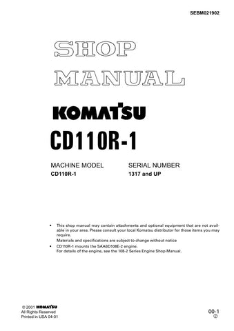 Unlock the full potential of your KOMATSU CD110R-1 with the comprehensive SHOP MANUAL SEBM021902, designed for models 1317 and up. This PDF file is an essential resource for technicians and DIY enthusiasts alike, providing detailed schematics, maintenance guidelines, and troubleshooting tips to keep your equipment running smoothly. With easy navigation and clear instructions, you can confidently tackle repairs and ensure optimal performance, making this manual a must-have for anyone looking to extend the li