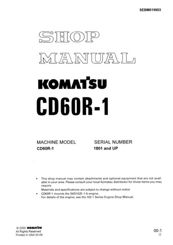Unlock the full potential of your KOMATSU CD60R-1 with the comprehensive SHOP MANUAL SEBM019903, designed for models 1801 and up. This PDF file is an essential resource for both professionals and DIY enthusiasts, providing detailed insights into maintenance, troubleshooting, and repair procedures. With clear diagrams and step-by-step instructions, you can ensure your equipment operates at peak performance, saving you time and money on costly repairs. Invest in this invaluable manual today and keep your mach