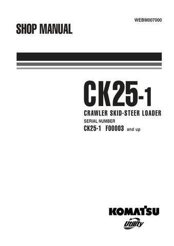 Unlock the full potential of your KOMATSU CK25-1 Crawler Skid-Steer Loader with the comprehensive Shop Manual (WEBM007000) in PDF format. This essential resource provides detailed maintenance procedures, troubleshooting tips, and specifications tailored for models F00003 and up, ensuring you have the knowledge to keep your equipment running smoothly. With easy navigation and clear illustrations, this manual is perfect for both seasoned professionals and DIY enthusiasts looking to enhance their operational e