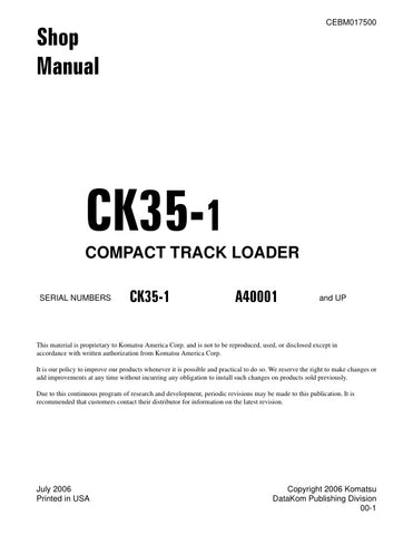 Unlock the full potential of your KOMATSU CK35-1 Compact Track Loader with the comprehensive Shop Manual (CEBM017500) in PDF format. This essential guide provides detailed insights into maintenance, troubleshooting, and repair procedures, ensuring your equipment operates at peak performance. With easy navigation and clear illustrations, this manual is designed for both seasoned professionals and DIY enthusiasts, making it an invaluable resource for keeping your loader in top condition. Invest in your machin