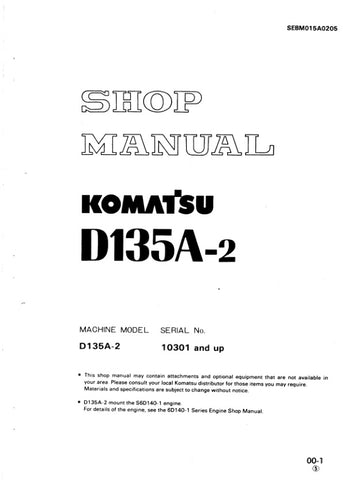 Unlock the full potential of your KOMATSU D135A-2 with the comprehensive Shop Manual SEBM015A0205, designed for models 10301 and up. This PDF file is an essential resource for technicians and DIY enthusiasts alike, providing detailed diagrams, maintenance procedures, and troubleshooting tips to ensure your equipment runs smoothly and efficiently. With easy navigation and clear instructions, this manual empowers you to perform repairs and maintenance with confidence, saving you time and money. Don't miss out