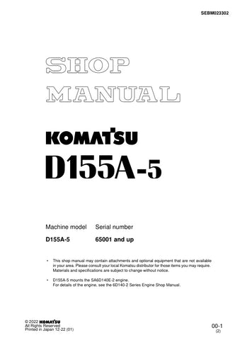 Unlock the full potential of your KOMATSU D155A-5 with the comprehensive SHOP MANUAL SEBM023302, designed specifically for models 65001 and up. This PDF file is an essential resource for operators and technicians alike, providing detailed insights into maintenance, troubleshooting, and repair procedures. With clear diagrams and step-by-step instructions, you can ensure optimal performance and longevity of your equipment. Invest in this invaluable manual today and keep your machinery running smoothly and eff