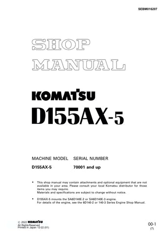 Unlock the full potential of your KOMATSU D155AX-5 with the comprehensive SHOP MANUAL SEBM016207, available in a convenient PDF format. This essential resource provides detailed insights into maintenance, troubleshooting, and repair procedures, ensuring your machinery operates at peak performance. With easy navigation and clear illustrations, this manual is designed for both seasoned professionals and DIY enthusiasts, making it an invaluable addition to your equipment toolkit. Don't miss the opportunity to 