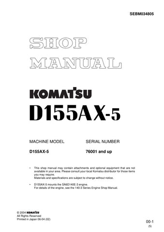  Unlock the full potential of your KOMATSU D155AX-5 with the comprehensive SHOP MANUAL SEBM034805, designed for models 76001 and up. This PDF file is an essential resource for technicians and DIY enthusiasts alike, providing detailed schematics, maintenance guidelines, and troubleshooting tips to ensure optimal performance and longevity of your equipment. With easy navigation and clear instructions, you can confidently tackle repairs and maintenance tasks, saving time and money while keeping your machinery 