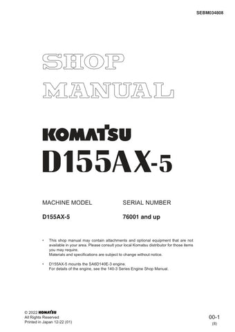 Unlock the full potential of your KOMATSU D155AX-5 with the comprehensive Shop Manual SEBM034808, designed for models 76001 and up. This PDF file is an essential resource for technicians and DIY enthusiasts alike, offering detailed insights into maintenance, troubleshooting, and repair procedures. With clear diagrams and step-by-step instructions, you can ensure your equipment operates at peak performance, saving you time and money on costly repairs. Invest in this invaluable manual today and keep your mach