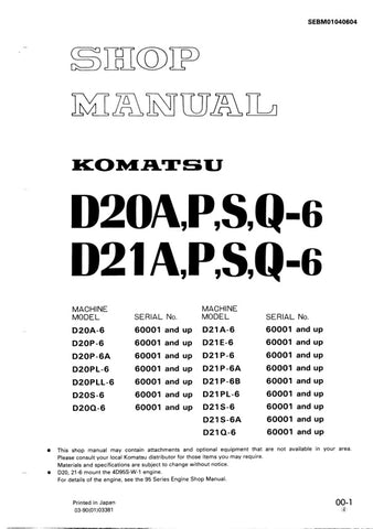 Unlock the full potential of your KOMATSU D20A, P, S, Q-6 & D21A, P, S, Q-6 with the comprehensive SHOP MANUAL SEBM01040604 in PDF format. This essential guide provides detailed insights into maintenance, troubleshooting, and repair procedures, ensuring your machinery operates at peak performance. With easy navigation and clear illustrations, this manual is designed for both seasoned professionals and DIY enthusiasts, making it an invaluable resource for keeping your equipment in top shape. Don't miss out o