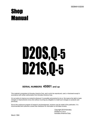 Unlock the full potential of your KOMATSU machinery with the D20S-5, D20Q-5, D21S-5, and D21Q-5 Shop Manual (SEBM0103D00) in PDF format. This comprehensive manual provides detailed insights into maintenance, troubleshooting, and repair procedures, ensuring your equipment operates at peak performance. With easy navigation and clear illustrations, you can quickly find the information you need to keep your machines running smoothly. Invest in this essential resource today and enhance your operational efficienc