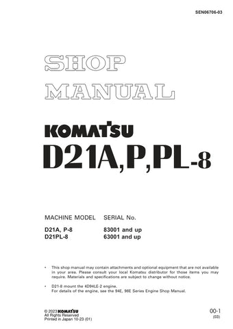 Unlock the full potential of your KOMATSU D21A-8, D21P-8, and D21PL-8 with the comprehensive SHOP MANUAL SEN06706-03, available in a convenient PDF format. This essential guide provides detailed insights into maintenance, troubleshooting, and repair procedures, ensuring your equipment operates at peak performance. With easy navigation and clear illustrations, this manual is an invaluable resource for both seasoned professionals and DIY enthusiasts, helping you save time and reduce costly downtime. Invest in