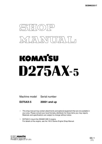Unlock the full potential of your KOMATSU D275AX-5 with the comprehensive SHOP MANUAL SEBM025517, designed for models 20001 and up. This PDF file is an essential resource for operators and technicians, providing detailed insights into maintenance, troubleshooting, and repair procedures. With clear diagrams and step-by-step instructions, you can ensure optimal performance and longevity of your equipment. Invest in this manual today to enhance your operational efficiency and reduce downtime.
