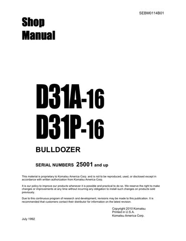 Unlock the full potential of your KOMATSU D31A-16 and D31P-16 bulldozer with the comprehensive SHOP MANUAL SEBM0114B01, available in a convenient PDF format. This essential guide provides detailed insights into maintenance, troubleshooting, and repair procedures, ensuring your equipment operates at peak performance. With easy navigation and clear illustrations, this manual is designed for both seasoned professionals and DIY enthusiasts, making it an invaluable resource for keeping your bulldozer in top cond