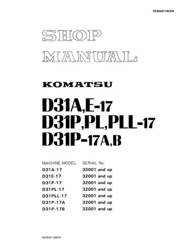 Unlock the full potential of your KOMATSU D31 series machinery with the comprehensive SHOP MANUAL SEBM0114C04, available as a convenient PDF file. This essential manual covers models D31A-17, D31E-17, D31P-17, D31PL-17, D31PLL-17, D31P-17A, and D31P-17B, providing detailed insights into maintenance, troubleshooting, and repair procedures. With easy navigation and clear illustrations, this manual is designed to enhance your operational efficiency and ensure your equipment runs smoothly for years to come. Don