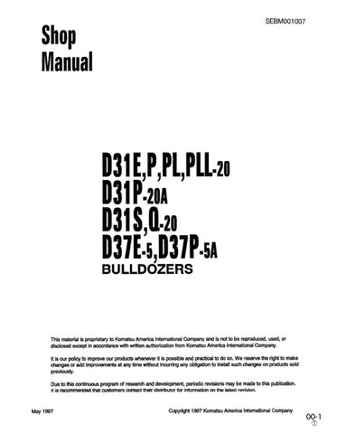Unlock the full potential of your KOMATSU machinery with the comprehensive SHOP MANUAL SEBM001007, designed specifically for models D31E-20, D31P-20, D31PL-20, D31PLL-20, D31P-20A, D31S-20, D31Q-20, D37E-5, and D37P-5A. This PDF file is an essential resource for operators and technicians alike, providing detailed insights into maintenance, troubleshooting, and repair procedures. With easy navigation and clear illustrations, you can ensure your equipment runs smoothly and efficiently, minimizing downtime and