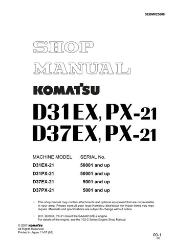 Unlock the full potential of your KOMATSU D31EX-21, D31PX-21, D37EX-21, and D37PX-21 with the comprehensive SHOP MANUAL SEBM025608, available in a convenient PDF format. This essential guide provides detailed insights into maintenance, troubleshooting, and repair procedures, ensuring your machinery operates at peak performance. With easy navigation and clear illustrations, this manual is an invaluable resource for both professionals and DIY enthusiasts, helping you save time and reduce costly downtime. Inve
