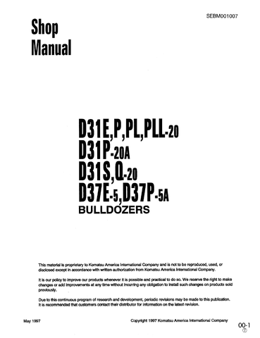 KOMATSU D31E,P,PL,PLL-20, D31P-20A, D31S,Q-20, D37E-5, D37P-5A BULLDOZERS MANUAL SEBM001007