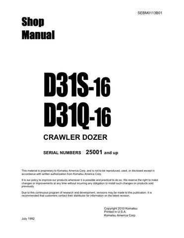 Unlock the full potential of your KOMATSU D31S-16 and D31Q-16 Crawler Dozer with the comprehensive Shop Manual SEBM0113B01, available in a convenient PDF format. This essential guide provides detailed insights into maintenance, troubleshooting, and repair procedures, ensuring your equipment operates at peak performance. With easy navigation and clear illustrations, you can quickly find the information you need to keep your dozer running smoothly and efficiently. Don't miss out on this invaluable resource em