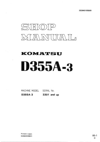 Unlock the full potential of your KOMATSU D355A-3 with the comprehensive Shop Manual SEBM0195B09, designed specifically for models 3301 and up. This PDF file is an essential resource for technicians and DIY enthusiasts alike, providing detailed instructions, schematics, and troubleshooting tips to ensure optimal performance and maintenance of your equipment. With easy navigation and clear illustrations, you can confidently tackle repairs and keep your machinery running smoothly. Invest in this invaluable ma