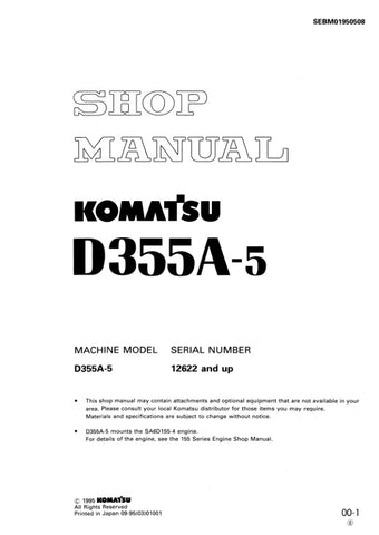 Unlock the full potential of your KOMATSU D355A-5 with the comprehensive Shop Manual SEBM01950508, designed for models 12622 and up. This PDF file is an essential resource for technicians and operators alike, providing detailed insights into maintenance, troubleshooting, and repair procedures. With clear diagrams and step-by-step instructions, you can ensure optimal performance and longevity of your equipment. Invest in this invaluable manual today and keep your machinery running smoothly and efficiently.