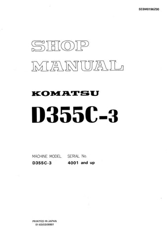Unlock the full potential of your KOMATSU D355C-3 with the comprehensive Shop Manual SEBM0196Z00, designed for models 4001 and up. This PDF file is an essential resource for technicians and operators alike, providing detailed insights into maintenance, troubleshooting, and repair procedures. With clear diagrams and step-by-step instructions, you can ensure optimal performance and longevity of your equipment. Invest in this manual today to enhance your operational efficiency and reduce downtime.
