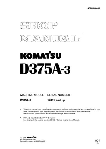  Unlock the full potential of your KOMATSU D375A-3 with the comprehensive SHOP MANUAL SEBM008403, designed specifically for models 17001 and up. This PDF file is an essential resource for technicians and DIY enthusiasts alike, providing detailed schematics, maintenance guidelines, and troubleshooting tips to ensure your equipment operates at peak performance. With easy navigation and clear instructions, this manual empowers you to tackle repairs confidently, saving you time and money while extending the lif