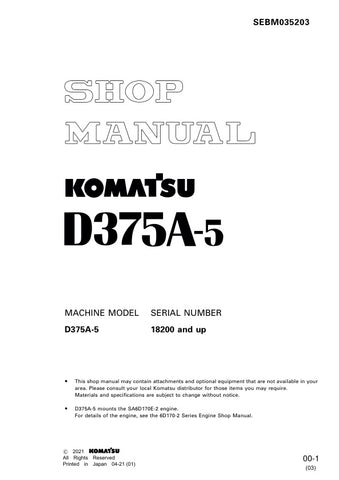 Unlock the full potential of your KOMATSU D375A-5 with the comprehensive SHOP MANUAL SEBM035203, designed for models 18200 and up. This PDF file is an essential resource for operators and technicians, providing detailed insights into maintenance, troubleshooting, and repair procedures. With clear diagrams and step-by-step instructions, you can ensure optimal performance and longevity of your equipment. Invest in this manual today to enhance your operational efficiency and reduce downtime.