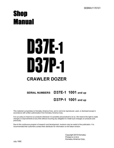 Unlock the full potential of your KOMATSU D37E-1 and D37P-1 Crawler Dozer with the comprehensive Shop Manual SEBMU1170101, available in a convenient PDF format. This essential guide provides detailed insights into maintenance, troubleshooting, and repair procedures, ensuring your equipment operates at peak performance. With easy navigation and clear illustrations, this manual is designed for both seasoned professionals and DIY enthusiasts, making it an invaluable resource for keeping your dozer in top condi