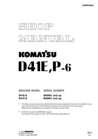 Unlock the full potential of your KOMATSU D41E-6 and D41P-6 with the comprehensive SHOP MANUAL SEBM028803, available as a convenient PDF file. This essential resource provides detailed insights into maintenance, troubleshooting, and repair procedures, ensuring your machinery operates at peak performance. With easy navigation and clear illustrations, this manual is designed for both seasoned professionals and DIY enthusiasts, making it an invaluable addition to your equipment toolkit. Don't miss out on the 