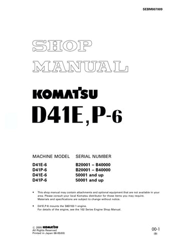 Unlock the full potential of your KOMATSU D41E-6 and D41P-6 with the comprehensive SHOP MANUAL SEBM007009, available in a convenient PDF format. This essential guide provides detailed insights into maintenance, troubleshooting, and repair procedures, ensuring your machinery operates at peak performance. With easy navigation and clear illustrations, this manual is an invaluable resource for both seasoned professionals and DIY enthusiasts, helping you save time and reduce costly downtime. Invest in your equip