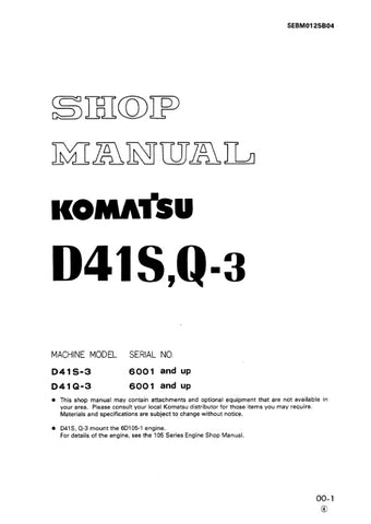  Unlock the full potential of your KOMATSU D41S-3 and D41Q-3 with the comprehensive SHOP MANUAL SEBM0125B04, available as a convenient PDF file. This essential resource provides detailed insights into maintenance, troubleshooting, and repair procedures, ensuring your machinery operates at peak performance. With easy navigation and clear illustrations, this manual is designed for both seasoned professionals and DIY enthusiasts, making it an invaluable addition to your toolkit. Don't miss out on the opportuni
