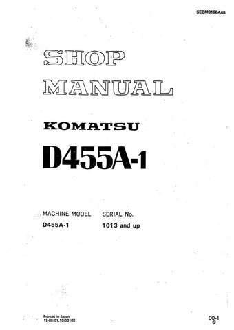 Unlock the full potential of your KOMATSU D455A-1 with the comprehensive Shop Manual SEBM0198A05, designed for models 1013 and up. This PDF file is an essential resource for technicians and DIY enthusiasts alike, providing detailed instructions, schematics, and troubleshooting tips to ensure optimal performance and maintenance of your equipment. With easy navigation and clear illustrations, you can quickly find the information you need to keep your machinery running smoothly. Invest in this invaluable manua