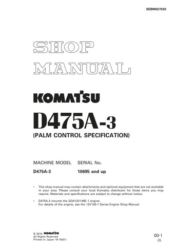 Unlock the full potential of your KOMATSU D475A-3 with the comprehensive SHOP MANUAL SEBM027503, designed specifically for models 10695 and up. This PDF file is an essential resource for operators and technicians alike, providing detailed insights into maintenance, troubleshooting, and repair procedures. With clear diagrams and step-by-step instructions, you can ensure optimal performance and longevity of your equipment. Invest in this manual today to enhance your operational efficiency and reduce downtime.