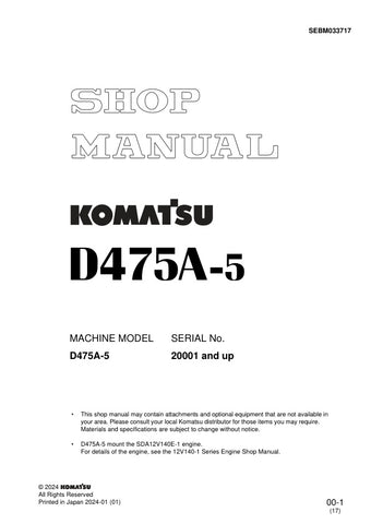 Unlock the full potential of your KOMATSU D475A-5 with the comprehensive SHOP MANUAL SEBM033717, designed specifically for models 20001 and up. This PDF file is an essential resource for technicians and operators alike, providing detailed insights into maintenance, troubleshooting, and repair procedures. With clear diagrams and step-by-step instructions, you can ensure optimal performance and longevity of your equipment. Invest in this invaluable manual today and keep your machinery running smoothly and eff