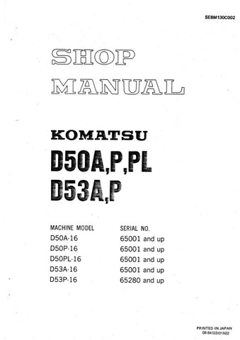 Unlock the full potential of your Komatsu machinery with the comprehensive Shop Manual SEBM130C002, designed specifically for models D50A-16, D50P-16, D50PL-16, D53A-16, and D53P-16. This PDF file is an essential resource for operators and technicians alike, providing detailed insights into maintenance, troubleshooting, and repair procedures.