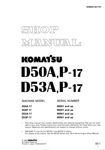 Unlock the full potential of your KOMATSU D50A-17, D50P-17, D53A-17, and D53P-17 machinery with the comprehensive SHOP MANUAL SEBM01301707, available as a convenient PDF file. This essential resource provides detailed insights into maintenance, troubleshooting, and repair procedures, ensuring your equipment operates at peak performance. With easy navigation and clear illustrations, this manual is designed for both seasoned professionals and DIY enthusiasts, making it an invaluable addition to your toolkit. 