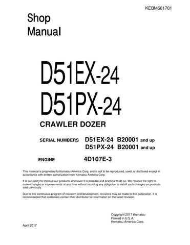 Unlock the full potential of your KOMATSU D51EX-24 and D51PX-24 crawler dozers with the comprehensive shop manual KEBM661701. This PDF file is an essential resource for operators and technicians, providing detailed diagrams, maintenance procedures, and troubleshooting tips to ensure optimal performance and longevity of your equipment. With easy navigation and clear instructions, you can confidently tackle repairs and maintenance tasks, saving time and reducing downtime. Invest in this invaluable manual toda